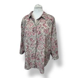 Rebecca Malone Women’s Plus Paisley Button Down Tunic Blouse Cream/Pink/Black 3X